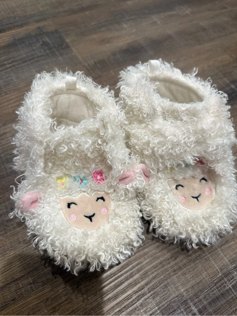 Cream Lamb Plush Kids Slippers with Embroidered Face